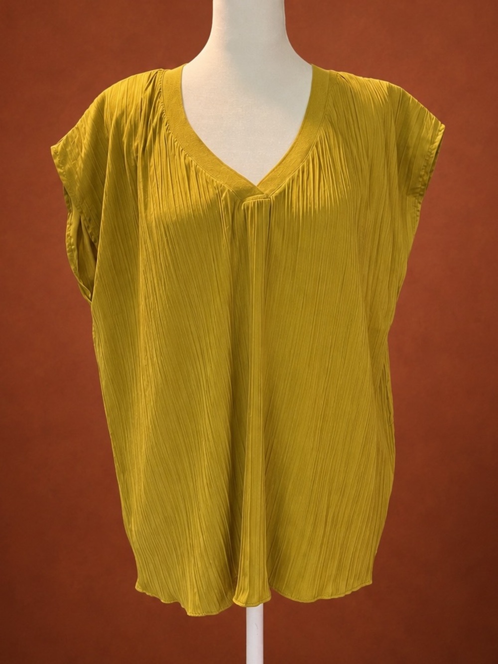Chartreuse Olive V-Neck Pleated Women’s Top